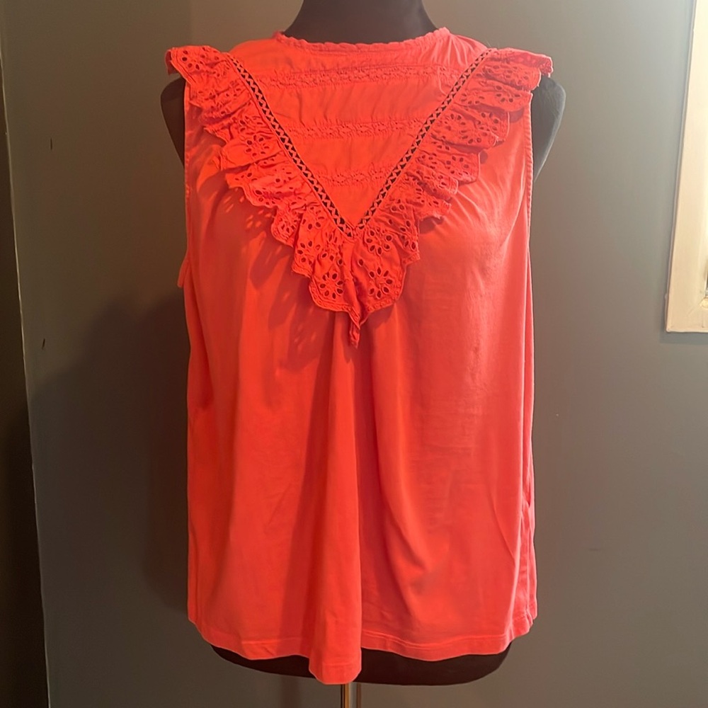 J. Crew coral/orange ruffle, eyelet top